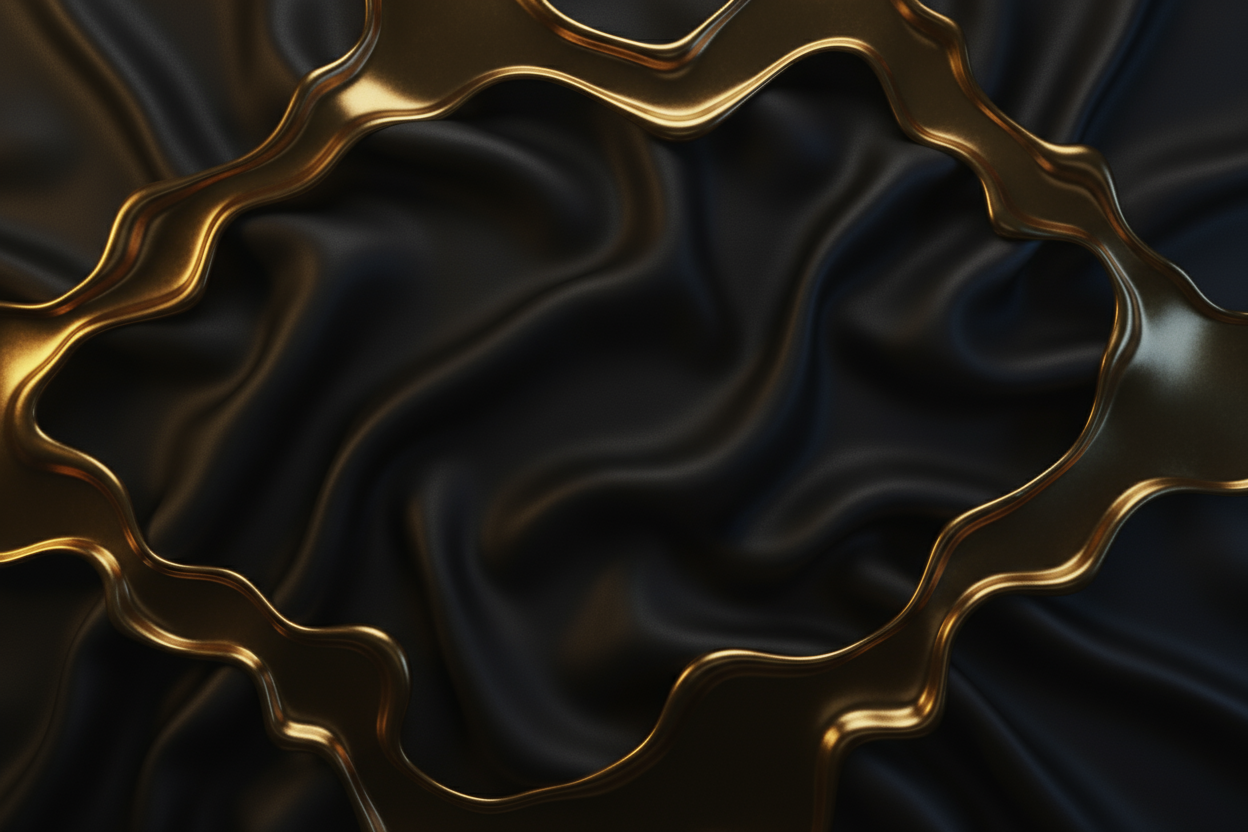 A dark luxury background with smooth black satin texture and elegant gold liquid accents, cinematic lighting, minimal and modern, perfect for a high-end product website banner, 16:9 aspect ratio, ultra-realistic, no text, no logo.